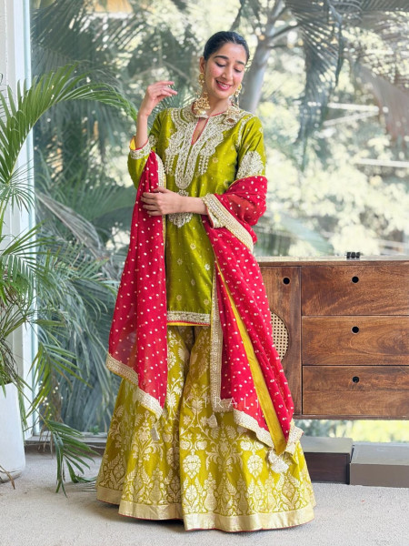 Anokhi Olive Green Zari Sequin Suit Set with Contrast Dupatta