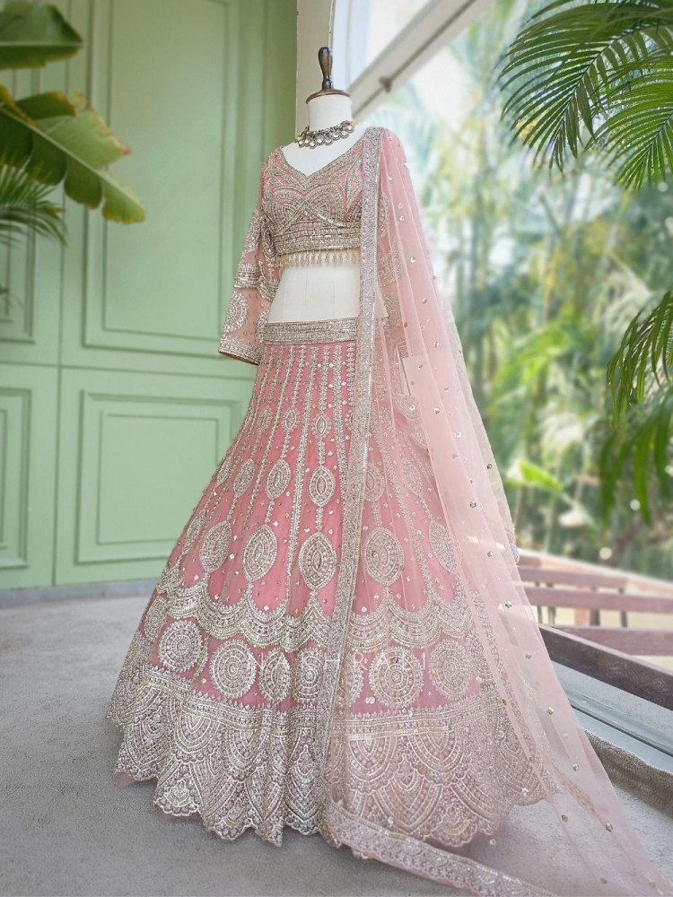Image of Rheya Pink Bridal Lehenga with Zari and Sequin Work