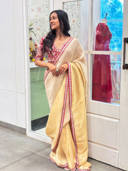 Riwaayat Golden Saree with Red Zardozi Readymade Blouse
