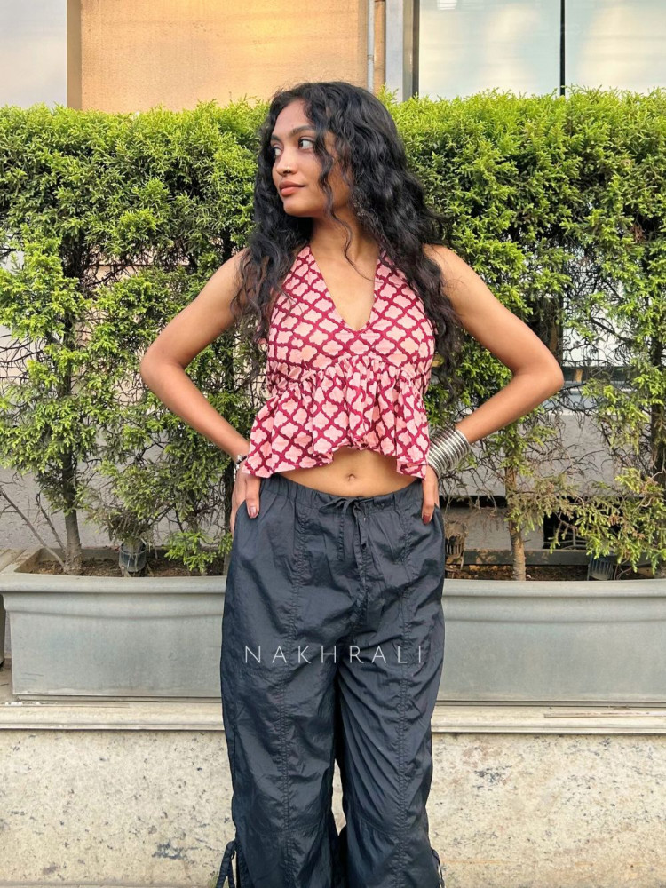 Image of Roselle Frill Peach Printed Crop Top