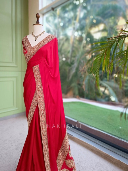 Gilded Borderways Red Chinnon Silk Saree with Running Blouse