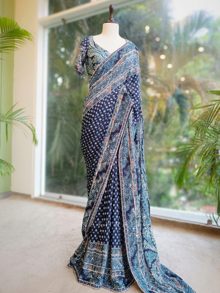 Iraani Blue Saree with Readymade Blouse