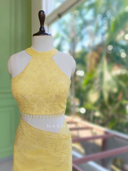Oshni Yellow Saree with Readymade Halter Blouse