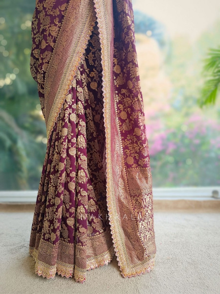 Soraya Wine Silk Saree with Zari and Sequin Work