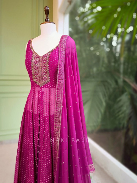 Noorani Wine Embroidered Anarkali Suit Set with Palazzo