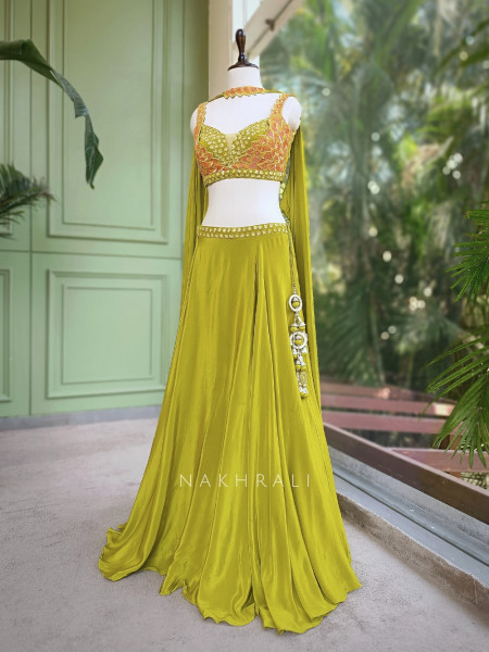 Parrot Green Indo Western Drape Skirt Set with Floral Sequin Embellished Blouse