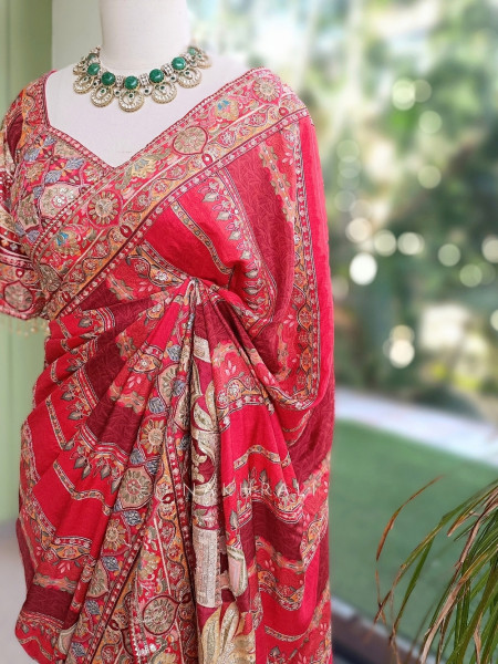 Dia Red Tussar-Crepe Blend Saree with Readymade Blouse