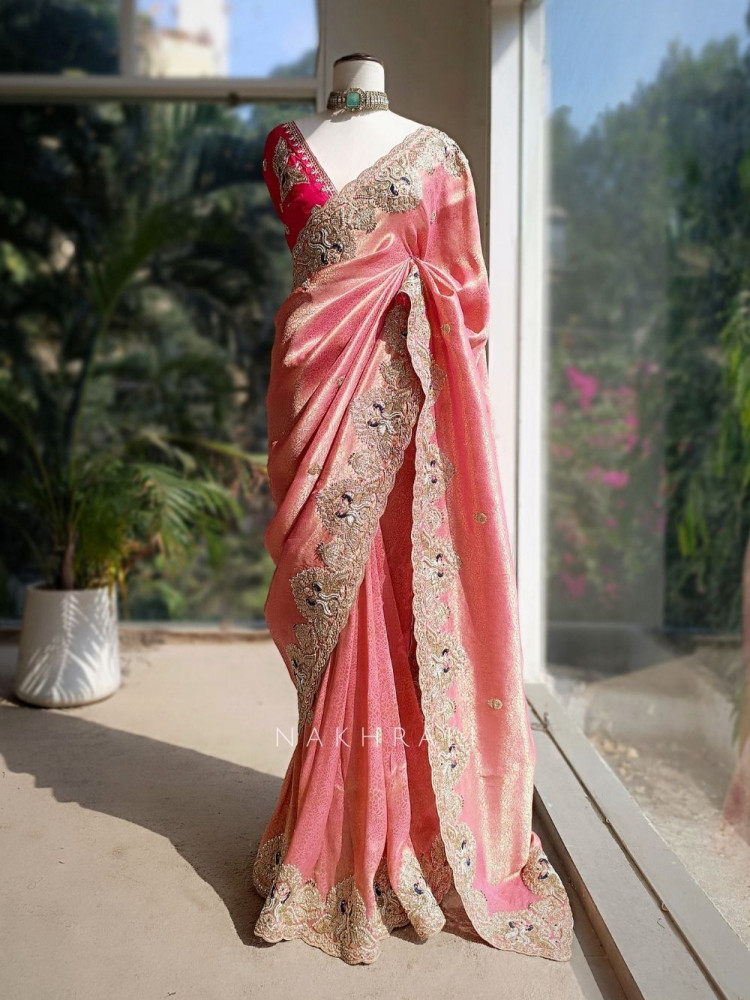 Image of Sunheri  Pink Saree with Zari Sequin Border