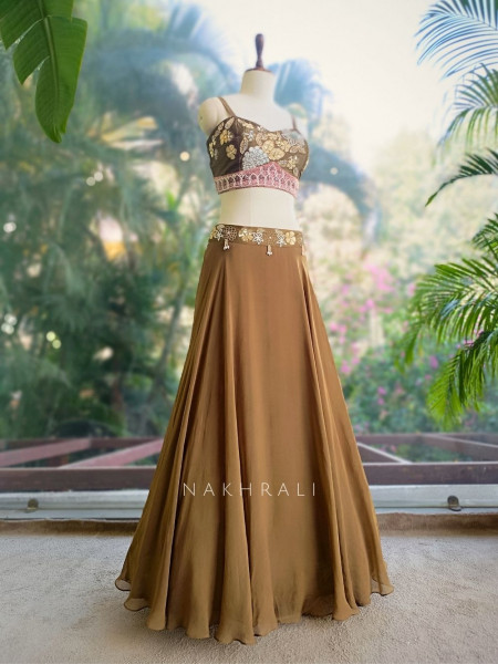 Gulvani Brown Indo-Western Lehenga Set with Zari, Sequin and Bead Work