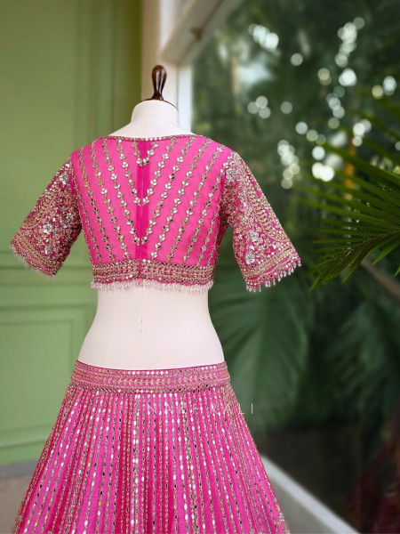 Aarvi Pink Raw Silk Lehenga with Beads, Sequins and Mirror Work