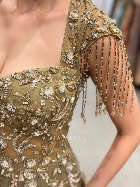 Chandelier Crystal Green Shoulder Drops Gown