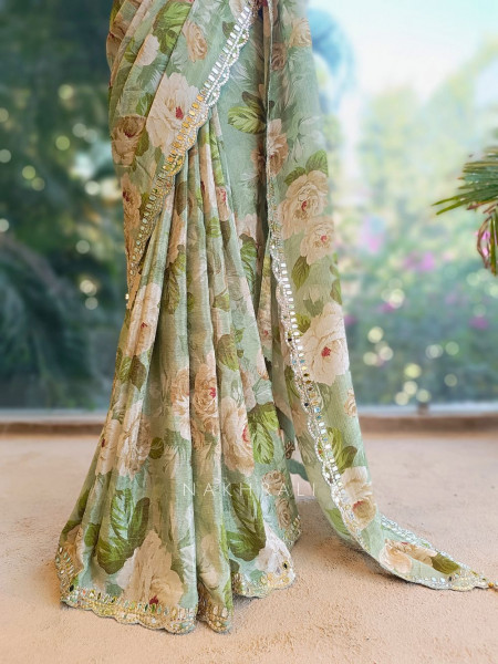Flora Green Floral Saree with Mirror & Gota Work