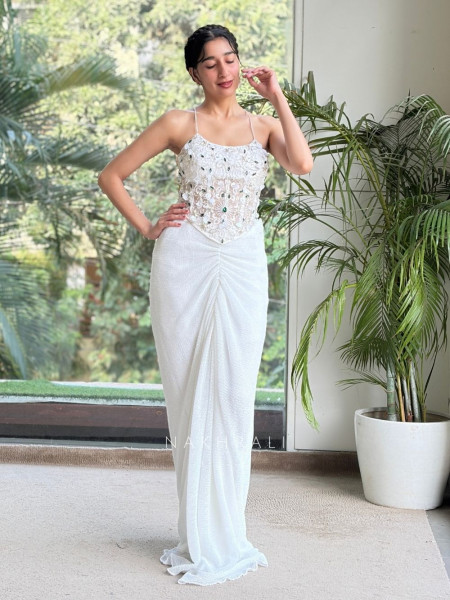 Sitara Veil WhiteMicro-Shimmer Georgette Crop Top Skirt Set