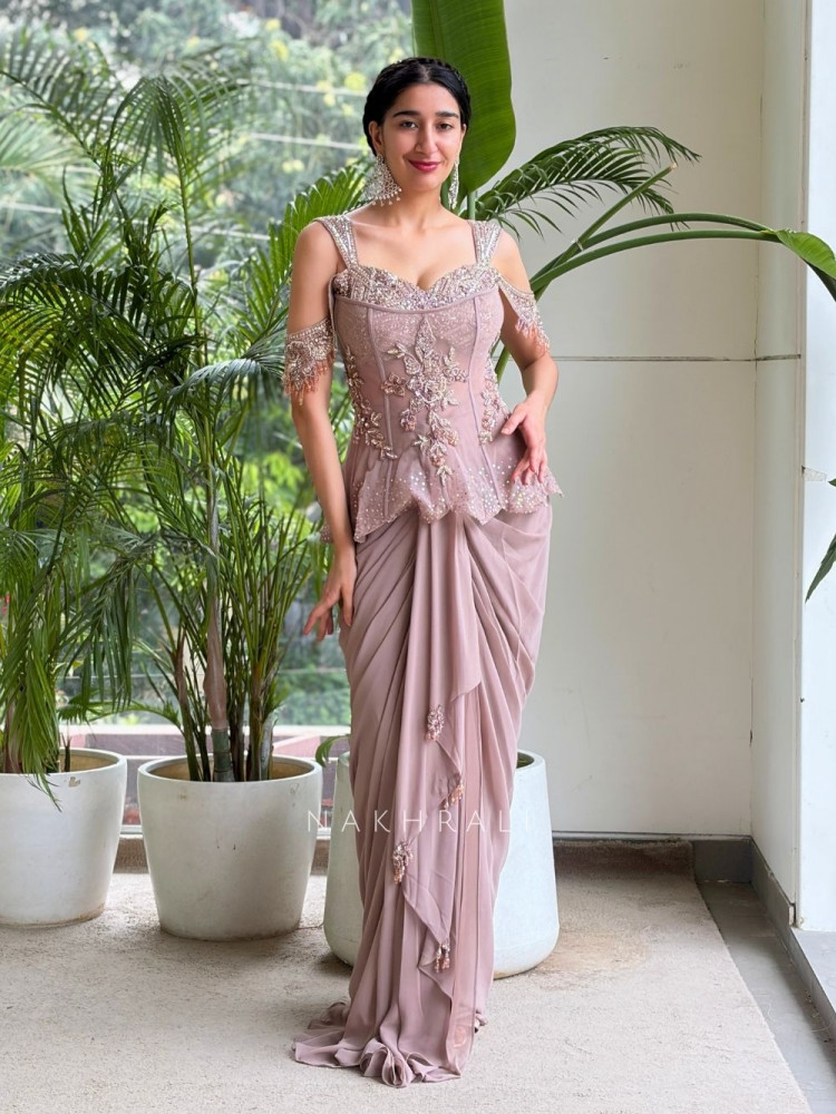 Image of Corvessa Beige Indo-Western Drape Gown with Bead Sequin Work