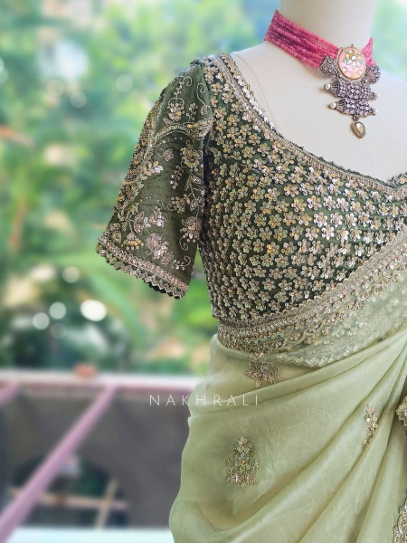Oshini Pista Green Saree with Readymade Blouse
