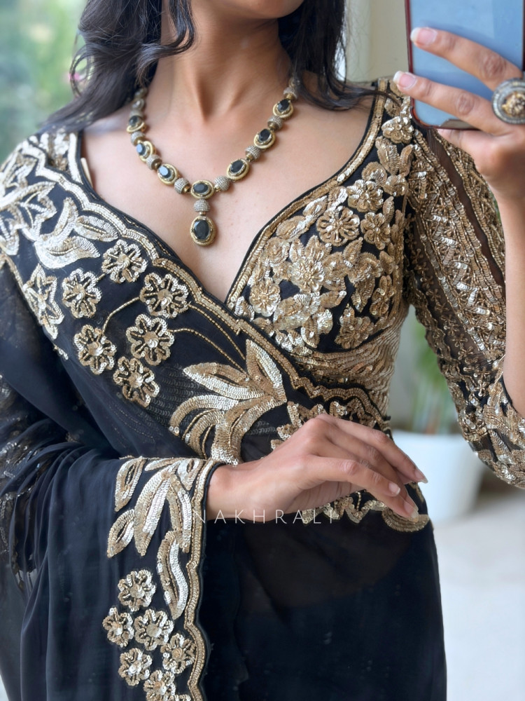 Image of Vespera Black Gilded Illusion Saree