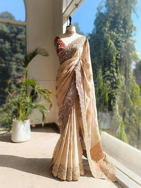 Vaanya Beige Saree with Zardozi Work
