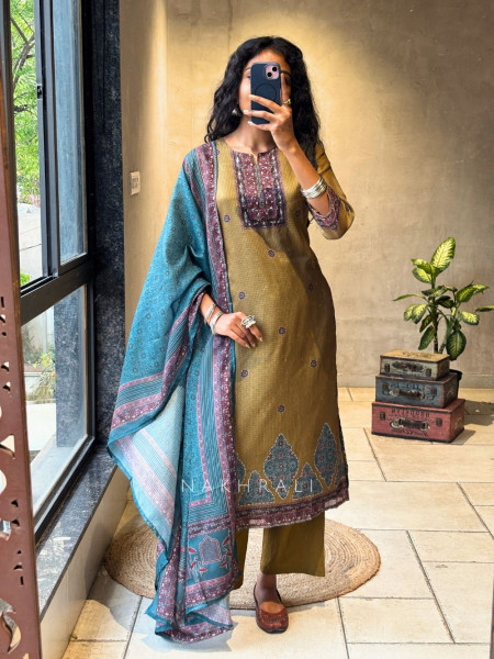 Surahi Mehendi Green Kota Doria Suit Set with Printed Yoke