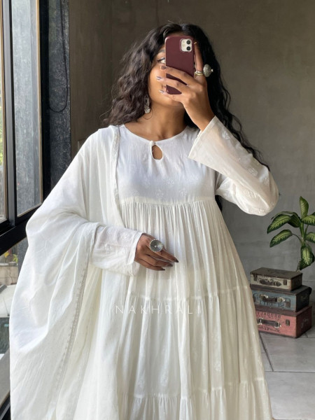 Mihira White Cotton Anarkali Suit Set with Printed Dupatta