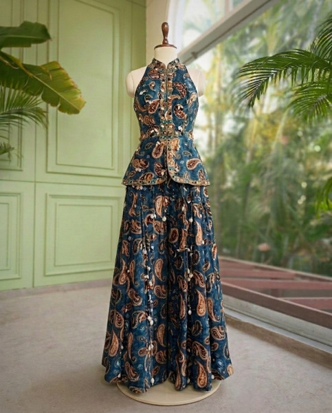 Ila Teal Blue Indo-Western Palazzo Set