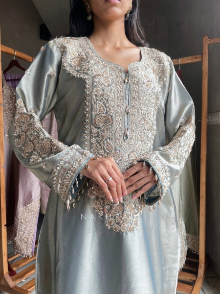 Frost Sea Green Zardozi Droplet Long Dress