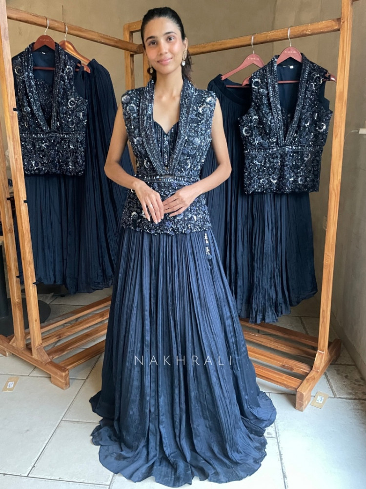 Image of Obsidian Net &amp; Georgette Indo Western Lehenga with Jacke