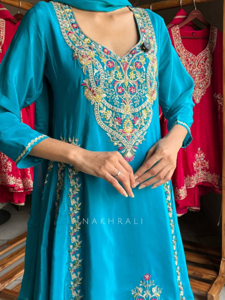 Berry Firozi Georgette & Chinon Silk Anarkali Palazzo Suit Set