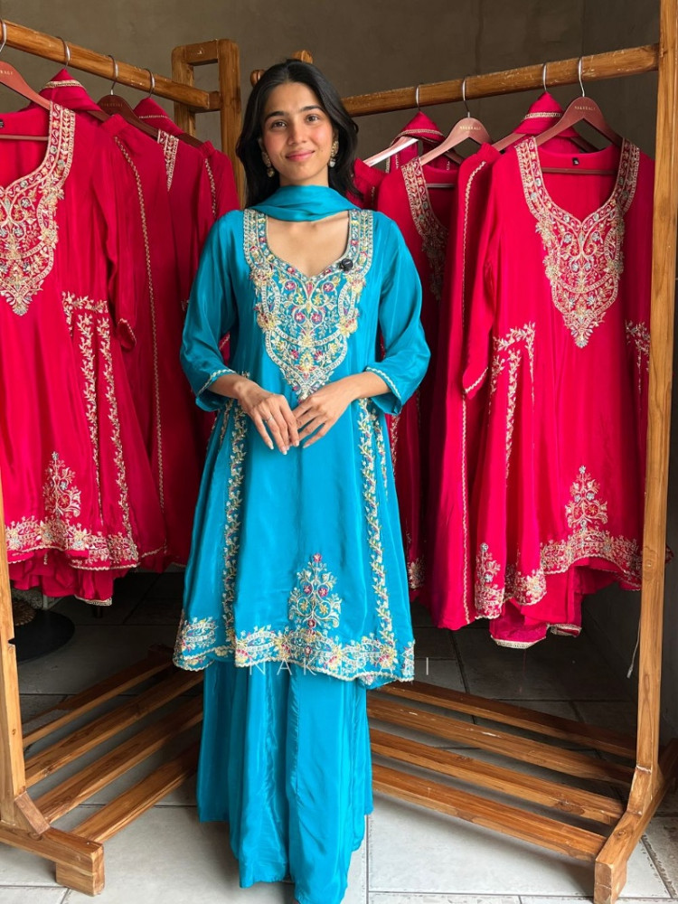 Image of Berry Firozi Georgette &amp; Chinon Silk Anarkali Palazzo Suit Set