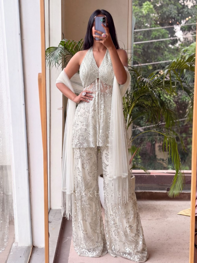 Image of Glimmering ivory Indo-western Plazo Set