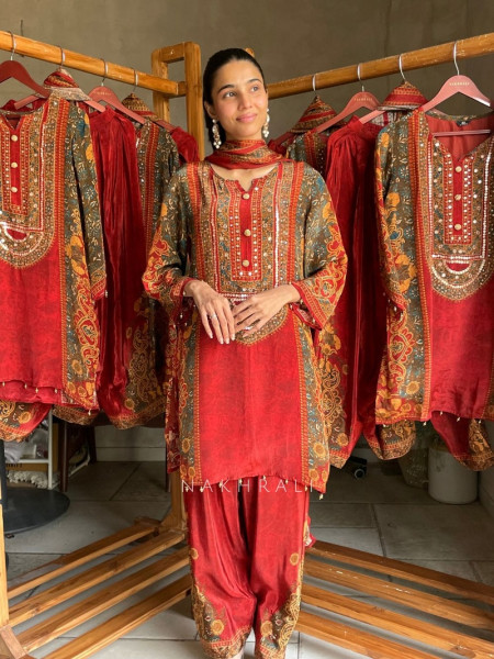 Rubellite Rust Ajrakh Kalamkari Print Farsi Suit Set