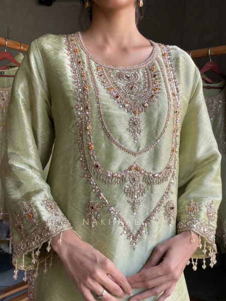 Vibhan Jewel-Neck Pista Green Suit Set