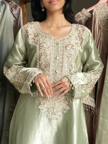 Frost Pista Green Zardozi Droplet Long Dress