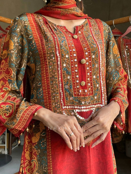 Rubellite Rust Ajrakh Kalamkari Print Farsi Suit Set