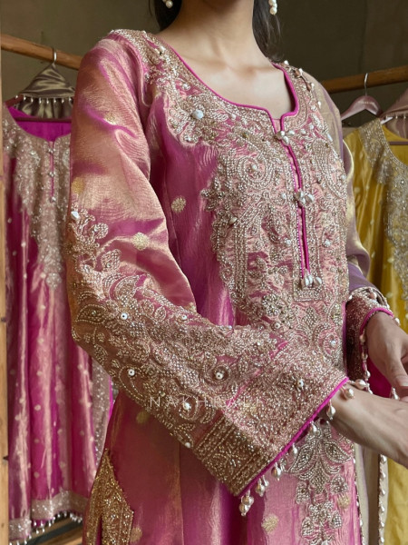 Noor-e-Tissue Pink Straight Suit Set