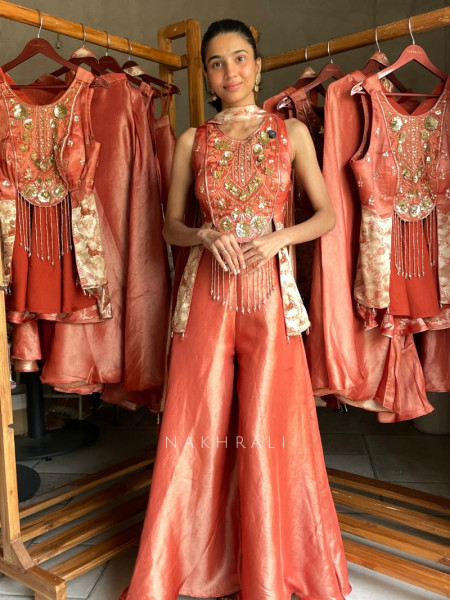 Gaze Rust Indo Western Crop Top Palazzo Set