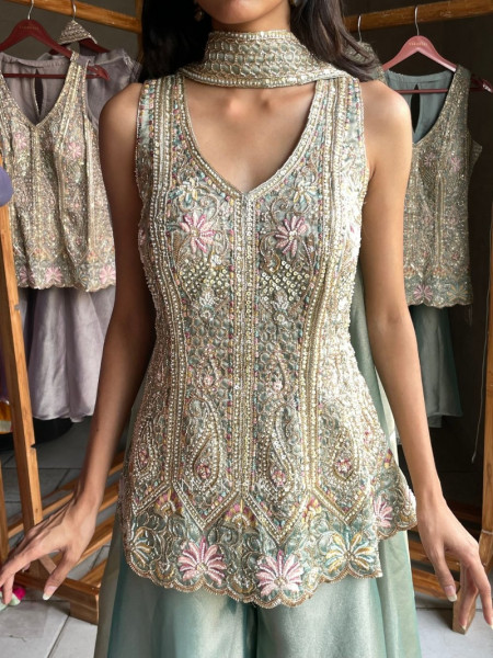 Claystone Sky Blue Tissue Silk Indo-Western Palazzo Set
