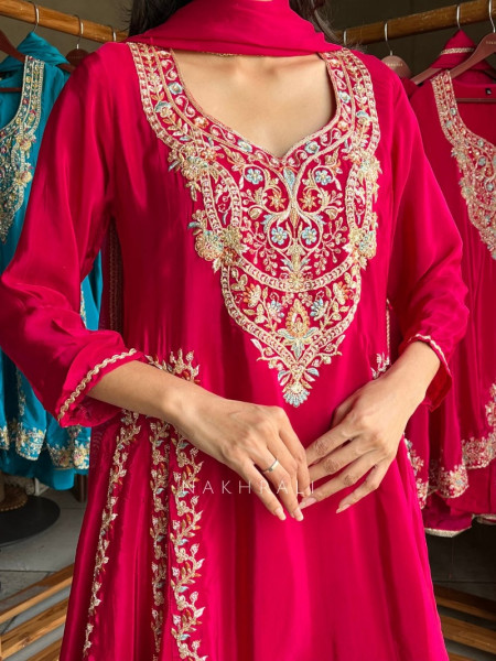 Berry Magenta Georgette & Chinon Silk Anarkali Palazzo Suit Set