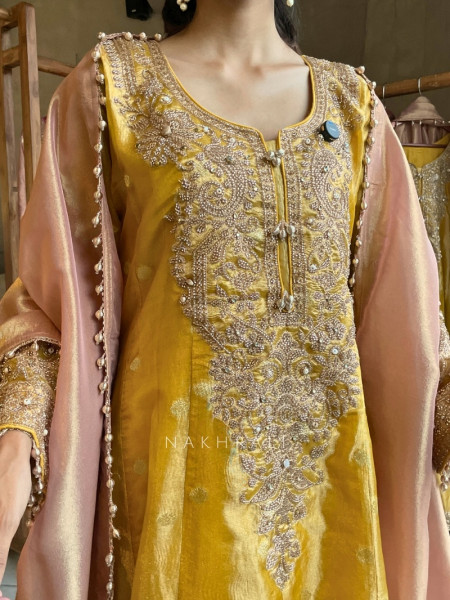 Noor-e-Tissue Yellow Straight Suit Set
