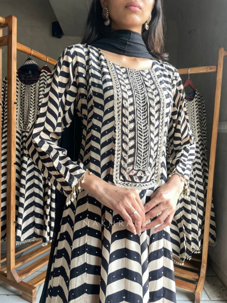 Monterelle Black & White Mulmul Cotton Anarkali Suit Set