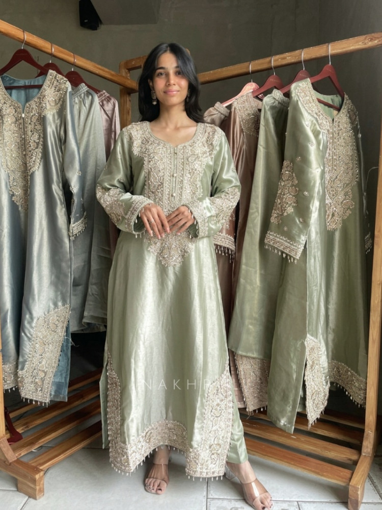 Image of Frost Pista Green Zardozi Droplet Long Dress