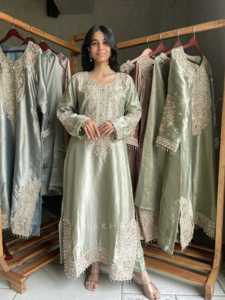 Frost Pista Green Zardozi Droplet Long Dress