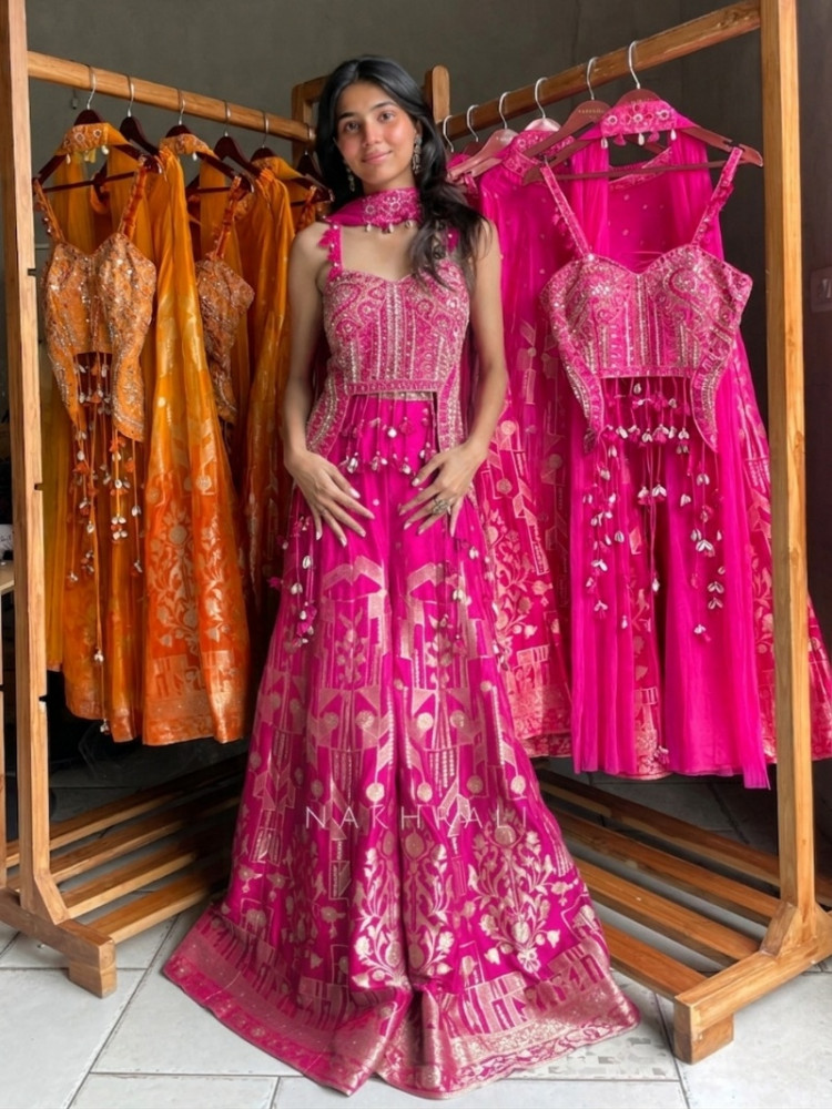Image of Tangerine Magenta Banarasi Brocade Sharara Set with Cowrie Shell Blouse