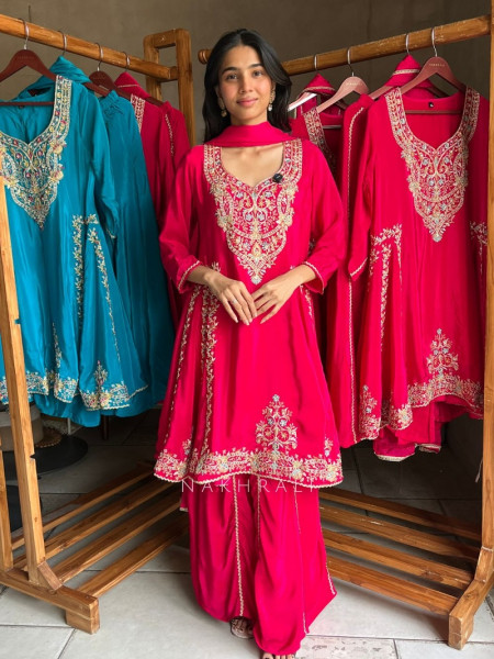 Berry Magenta Georgette & Chinon Silk Anarkali Palazzo Suit Set