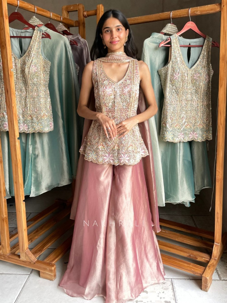 Image of Claystone Onion Pink Tissue Silk Indo-Western Palazzo Set