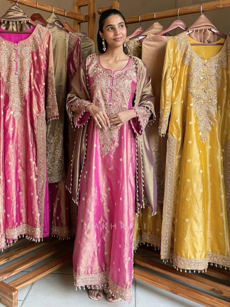 Noor-e-Tissue Pink Straight Suit Set