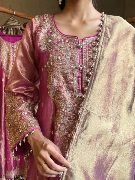Noor-e-Tissue Pink Straight Suit Set