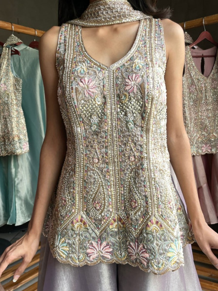 Claystone Purple Tissue Silk Indo-Western Palazzo Set