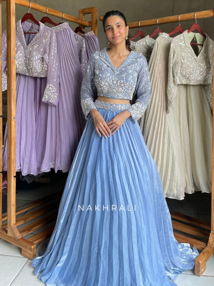 Image of Silken Blue Crushed Shimmer Georgette Indo-western Lehenga Set