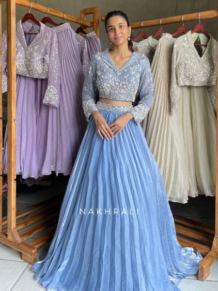 Silken Blue Crushed Shimmer Georgette Indo-western Lehenga Set