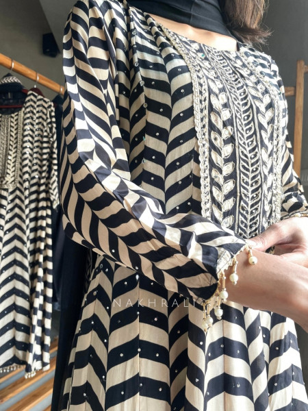 Monterelle Black & White Mulmul Cotton Anarkali Suit Set